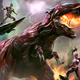 A giant, robotic T. Rex breathes fire on an alien world.